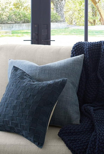 Genuine Lamb Leather Cushion Pillow Cover - Luxury Leather Pillow Case - Modern, Boho, Farmhouse Home Decor - Bedroom Couch, Living Room, Sofa Bed (Basketweave - Navy, 18" x 18")