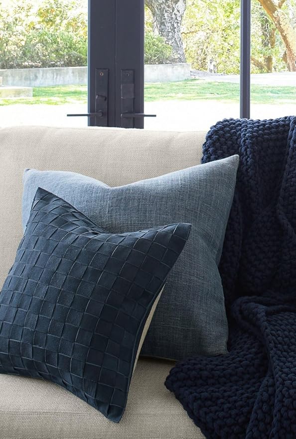 Genuine Lamb Leather Cushion Pillow Cover - Luxury Leather Pillow Case - Modern, Boho, Farmhouse Home Decor - Bedroom Couch, Living Room, Sofa Bed (Basketweave - Navy, 22" x 22")