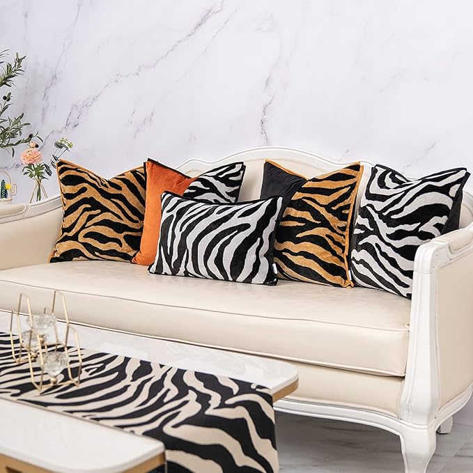 Yangest Black Rectangle Pillow Cover Cut Velvet Zebra Print Cushion Cover Luxury Modern Pillowcover for Couch Living Room Bedroom,12x20 Inch