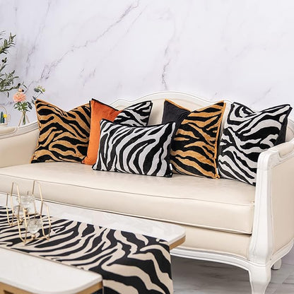 Yangest Black Rectangle Pillow Cover Cut Velvet Zebra Print Cushion Cover Luxury Modern Pillowcover for Couch Living Room Bedroom,12x20 Inch