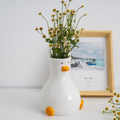 Handcrafted Ceramic Duck Vase - White Modern Flower Vase with Unique Duck Design - Round Aesthetic Table Decor - Funky and Trendy Art Vase