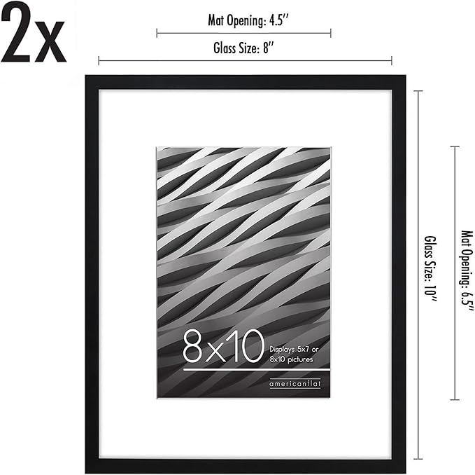 Americanflat 8x10 Picture Frame with Shatter-Resistant Glass - Set of 2 - Use as 5x7 Frame with Mat or Display 8x10 Photo Without Mat - Streamline Collection - Tabletop or Wall Display - Black