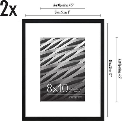 Americanflat 8x10 Picture Frame with Shatter-Resistant Glass - Set of 2 - Use as 5x7 Frame with Mat or Display 8x10 Photo Without Mat - Streamline Collection - Tabletop or Wall Display - Black