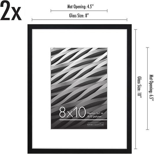Americanflat 8x10 Picture Frame with Shatter-Resistant Glass - Set of 2 - Use as 5x7 Frame with Mat or Display 8x10 Photo Without Mat - Streamline Collection - Tabletop or Wall Display - Black