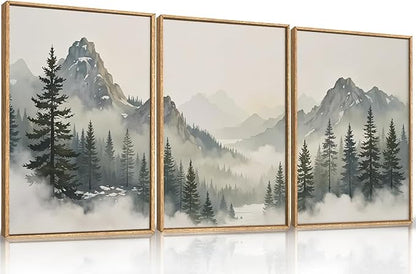 Large Nature Foggy Mountain Pine Trees Framed Canvas Wall Art, Misty Forest Landscape Wall Decor,Watercolor Woodland Scenery Artwork,Modern Art Print for Living Room, Bedroom, Office- 24"x36"x3