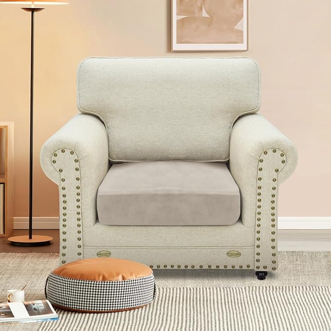 MAXIJIN Velvet Stretch Cushion Cover Fitted Couch Cushion Slipcovers 1 Pack Arm Chair Seat Cushion Cover for Individual Cushion Sofa Chair with Elastic Bottom (Chair Cushion, Khaki)