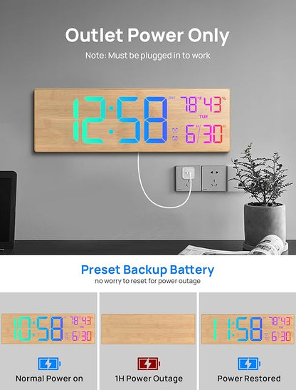 2025 Upgrade 18.5" Large Digital Wall Clock with Remote Control, Big LED Display Digital Clocks with Night Light, Alarm, Countdown, DST, Temp for Living Room, Bedroom, Office, Gift for Seniors(Bamboo)