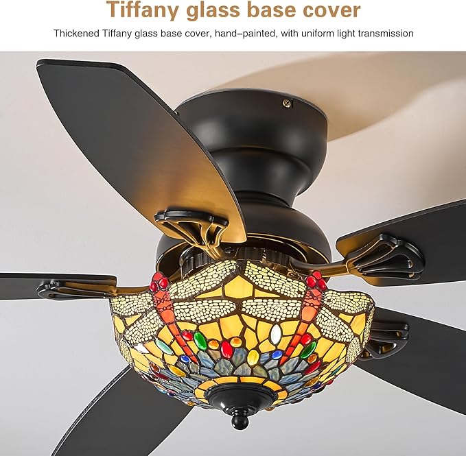 Tiffany Ceiling Fans with Lights - 48" Ceiling Fan Chandelier with 5 Dual-Blades and Glass Shade, 6 Speeds and Reversible, Indoor and Outdoor, Retro Style