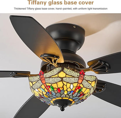 Tiffany Ceiling Fans with Lights - 48" Ceiling Fan Chandelier with 5 Dual-Blades and Glass Shade, 6 Speeds and Reversible, Indoor and Outdoor, Retro Style