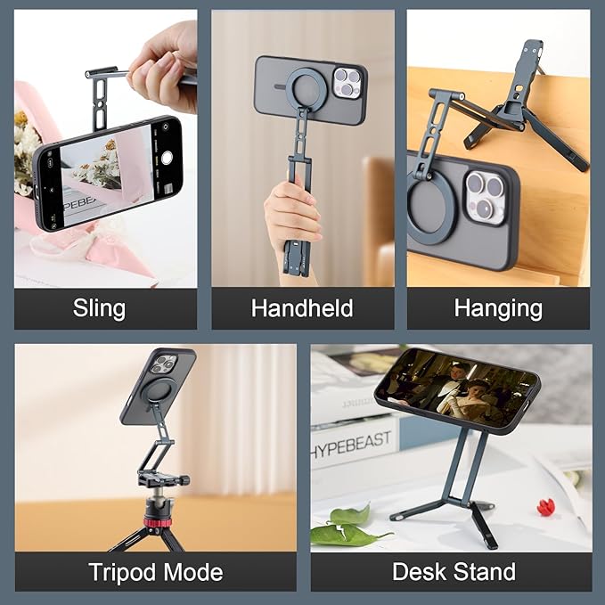Leftfoto Metal Strong Magnetic Phone Stand 3-Axis Adjustable Foldable Cell Phone Mini Tripod Desk Holder Compatible with iPhone17/Promax16/15 Pro Max/14 Pro/13/12/MagSafe Cases or Android Phones