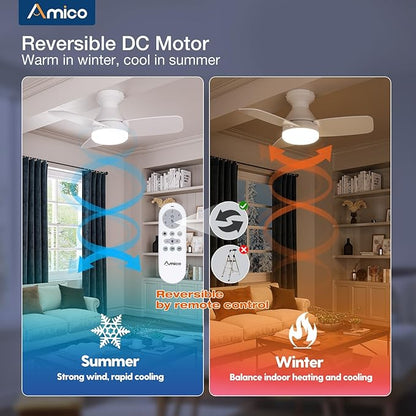 Amico Ceiling Fans with Lights, 30 inch Low Profile Ceiling fan with Light and Remote Control, Flush Mount, Reversible, 3CCT, Dimmable, Noiseless, White Ceiling Fan for Bedroom, Indoor/Outdoor Use
