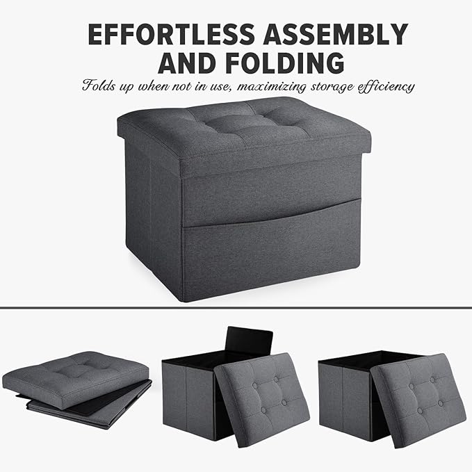 LINMAGCO Storage Ottoman Folding Foot Stool Foot Rest with Side Pocket Modern Ottoman with Storage Short Sofa Stool Linen Cloth 17x13x13(Dark Gray)