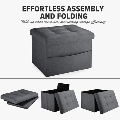 LINMAGCO Storage Ottoman Folding Foot Stool Foot Rest with Side Pocket Modern Ottoman with Storage Short Sofa Stool Linen Cloth 17x13x13(Dark Gray)