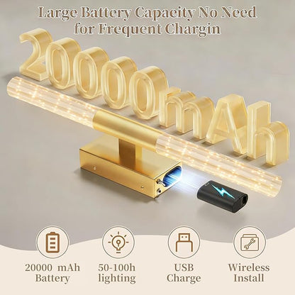camuucci Battery Operated Gold Wall Sconces Set of 2 Rechargeable Battery Powered Wall Light with 20000mAh Not Hardwired Dimmable Wall Lamp Fixtures for Bedroom Living Room 25.6 Inches