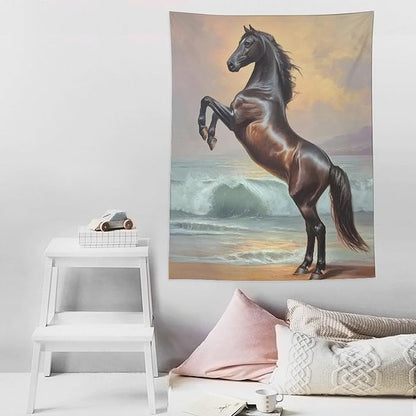 JYOUQOC Horse Animal Stands On The Beach Tapestry Flag Backdrop Wall Hanging Large Wall Art Decor for Dorm Office Bedroom Living Room 60"×80"
