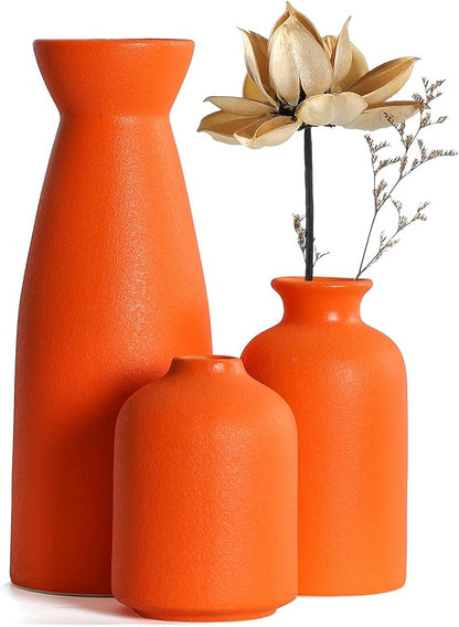 CEMABT Ceramic Orange Vases Set of 3 Small Flower Vases for Decor, Modern Rustic Farmhouse Home Decor, Decorative Vases for Pampas Grass,Idea Shelf,Table,Bookshelf,Entryway- Distressed Decor