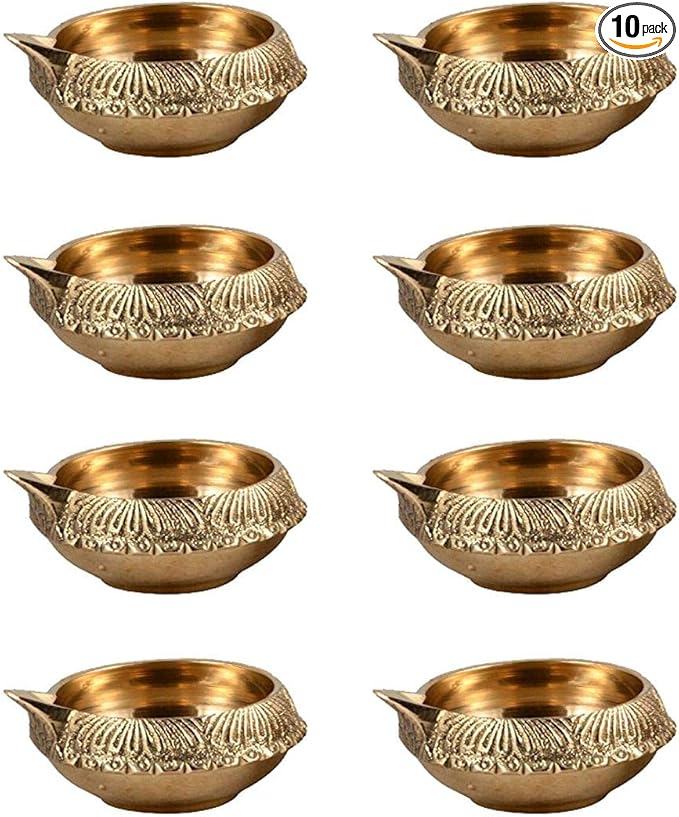 Pure Brass Diya for Puja [10 Pc] - Handmade Diyas for Diwali Indian Brass Oil Lamp for Pooja - Kutthu vilakku nilakku Deepam for Diwali Decoration Hashcart®