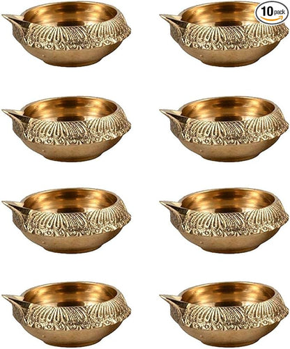 Pure Brass Diya for Puja [10 Pc] - Handmade Diyas for Diwali Indian Brass Oil Lamp for Pooja - Kutthu vilakku nilakku Deepam for Diwali Decoration Hashcart®