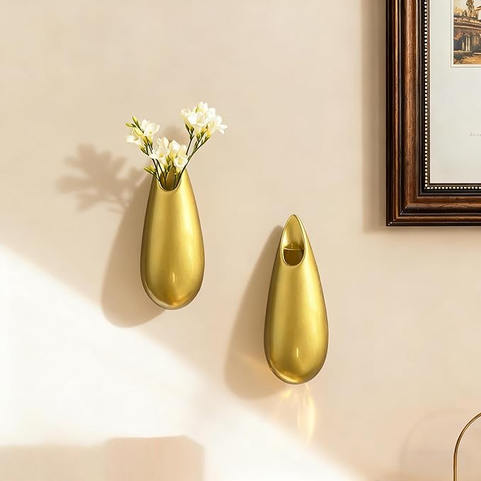 Sculptural Wall Ceramic Vase — 2 Pack Gold Hanging Sconce Vase | Turn Flowers into Art — Decorative Ceramic Wall Sconce for Single Stem Displays
