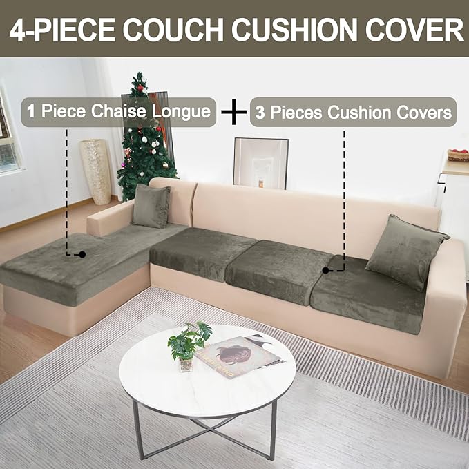 Sectional Couch Covers for 4-Piece Seat Cushion Velvet Separate L Shape Couch Cover Stretch Sofa Slipcover with 2 Pieces Pillowcases Furniture Protector (Sofa 3 Seater + 1 Chaise, Olive Green)