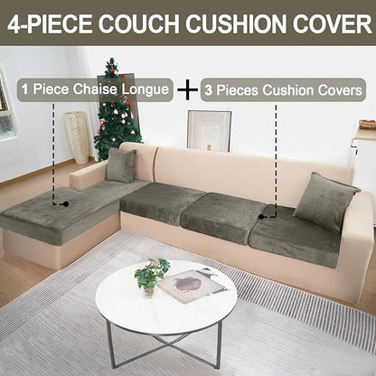 Sectional Couch Covers for 4-Piece Seat Cushion Velvet Separate L Shape Couch Cover Stretch Sofa Slipcover with 2 Pieces Pillowcases Furniture Protector (Sofa 3 Seater + 1 Chaise, Olive Green)