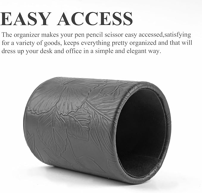 PU Leather Pen Holder Round Flash Makeup Brush Holder Desktop Pencil Storage Holder Gift for Desk Office Classroom Home(1-Carved Black)
