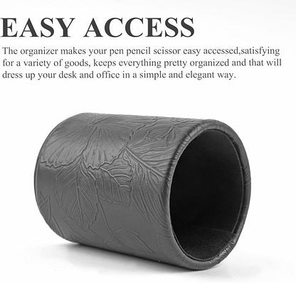 PU Leather Pen Holder Round Flash Makeup Brush Holder Desktop Pencil Storage Holder Gift for Desk Office Classroom Home(1-Carved Black)