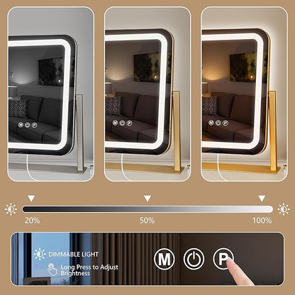 Gold Vanity Mirror with Lights 15"×13", Led Makeup Mirror, Lighted Makeup Mirror with 3 Color Dimmable Lights, Smart Touch Screen Control, 360°Rotation
