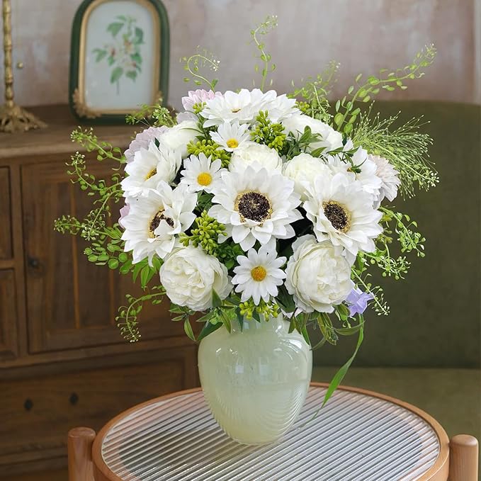 3 Pcs Fall Flowers Artificial Mums Silk Fake Mums Bouquet Faux Floral Arrangements Home Indoor Outdoor Planter Decor Party Wedding Table Autumn Decoration (White-A)