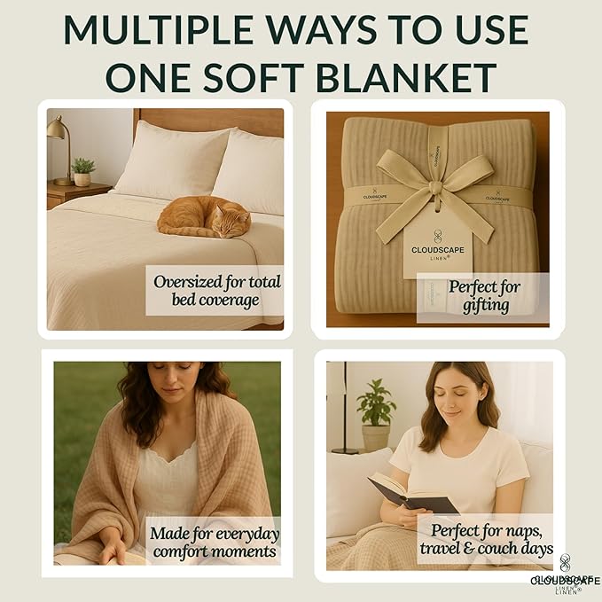 Luxury 100% Cotton Muslin Blanket Queen Size, 4 Layer Oversized 90x90 Fits Upto Full Size Bed, Layering Winter Blankets for Bed, Soft Cotton Gauze Quilt, All Season Fog Bedding