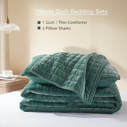 LEAONME Velvet Quilt California King-118''x106'', Lightweight Aqua Green Velvet Comforter Set with 2 Pillow Shams, Soft Oversized Bedspread Coverlet Quilted Bedding Set for All Season