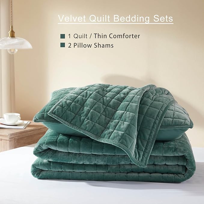 LEAONME Velvet Quilt King Size-98''x106'', Lightweight Aqua Green Velvet Comforter Set with 2 Pillow Shams, Soft Bedspread Coverlet Quilted Bedding Set for All Season