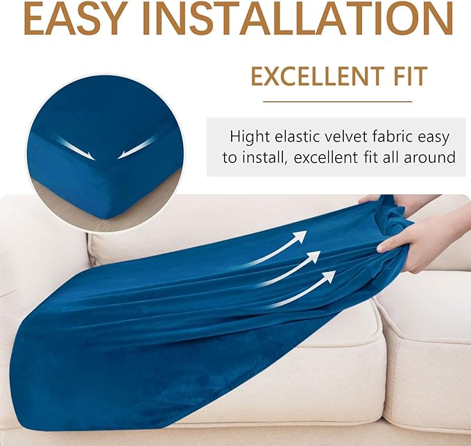 hyha Velvet Couch Cushion Covers, Stretch Chaise Lounge Sectional Couch Seat Covers L Shape for Sectional Sofa, Soft Sofa Cushion Slipcover Washable with Elastic Bottom(Chaise, Royal Blue)