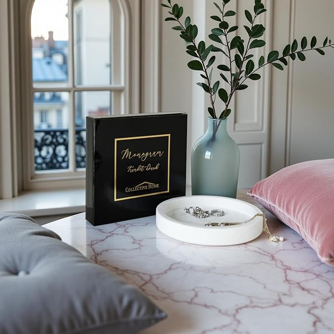 COLLECTIVE HOME - Velvet Jewelry Tray, 6" Monogrammed Jewelry Dish, Smooth Velour Display Dish for Rings, Earrings, Necklaces, Makeup, Personalized Gifts for Women (White-j)