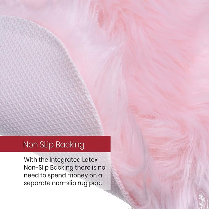 Silky Soft Faux Fur Shaggy Rug, 2 ft. x 3 ft. Pink Fluffy Sheepskin Area Rug, Rectangle Rug for Living Room, Bedroom, Kid's Room, or Nursery, Home Décor Accent, Machine Washable with Non-Slip Backing
