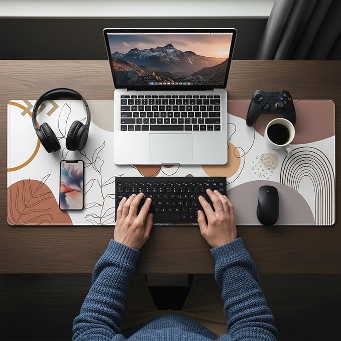 XXL Extended Gaming Mouse Pad (47.2 x 23.6 Inch), Giant Boho Desk Mat for Full Coverage, Abstract Line Art Terracotta Design, Waterproof Non-Slip Laptop Blotter, Premium Minimalist Protector