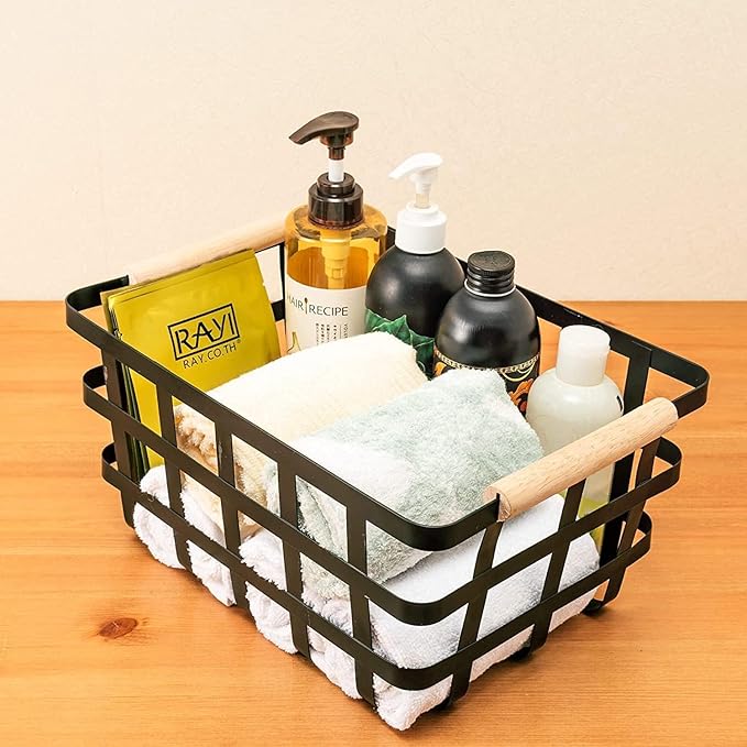 Large Metal Farmhouse Baskets,4 Packs Pantry Storage Baskets,Matte Black Food Organizer Storage Bin Basket with Wood Handles for Kitchen Cabinets Shelf Pantry