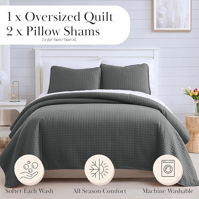 Southshore Fine Living, Inc. Summer Bedspreads, Queen Size Set, Full/Queen Quilt Bedspread with 2 Matching Pillow Shams, Soft Microfiber Lightweight Quilts Coverlet, Easy Care, Slate Grey