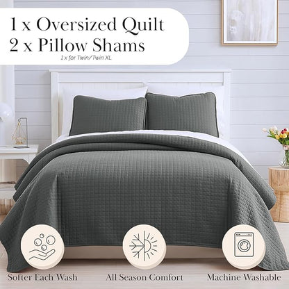 Southshore Fine Living, Inc. Summer Bedspreads, Queen Size Set, Full/Queen Quilt Bedspread with 2 Matching Pillow Shams, Soft Microfiber Lightweight Quilts Coverlet, Easy Care, Slate Grey