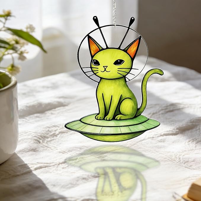 Cat Stained Glass Suncatcher Window, Hanging Sun Catchers Indoor Window, Suncatcher for Mom/Women (Alien Cat)
