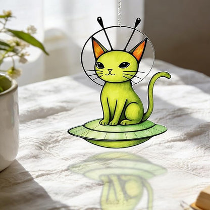 Cat Stained Glass Suncatcher Window, Hanging Sun Catchers Indoor Window, Suncatcher for Mom/Women (Alien Cat)