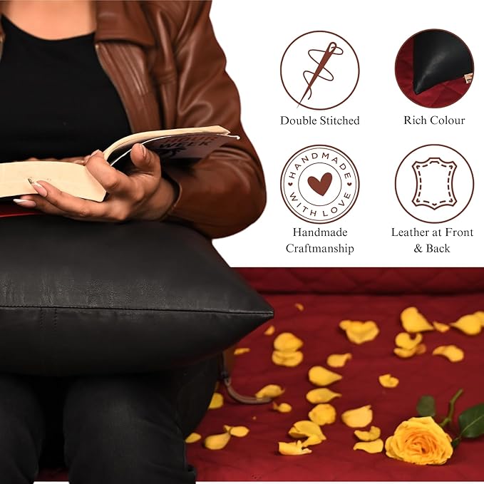 Genuine Lambskin Leather Pillow Cover, 22x22 Inch Case for Lumbar Throw Couch Pillows, Thick & Soft Cushion Covers for Sofa Bed Home Décor (Red Heart & Black Plain Pack of 1)