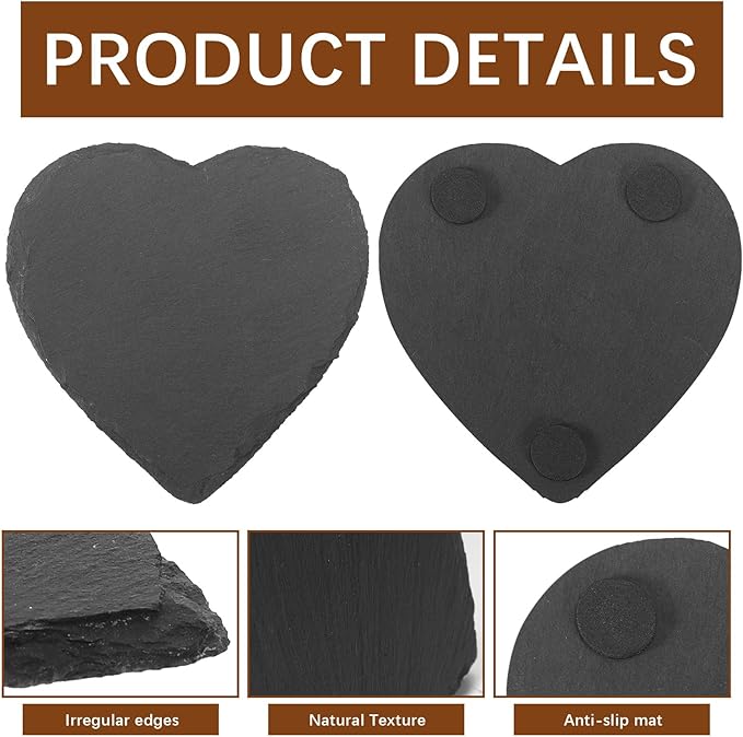 12 Pcs Slate Drink Coasters Bulk,4X4 Inch Black Slate Stone Coasters for Office, Home Decor,Laser Engraving Blanks with Anti-Scratch Bottoms for Coffee Bar Kitchen(Heart)