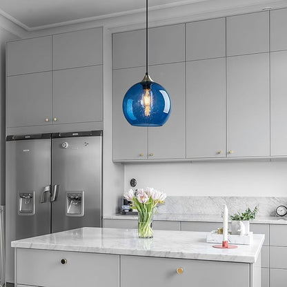 Blue Glass Pendant Lights Kitchen Island Lighting Globe Pendant Light Fixtures Modern Pendant Lighting for Kitchen Island Bedroom Living Dining Room Light Fixture(7.87in, 2-Pack)