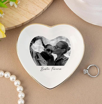 Chillever Personalized Besties Photo Ring Dish, Custom Jewelry Dish Gift for Besties, Soul Sister Trinket Gift for Long Distance Friendship Women BFF Christmas Birthday Wedding Gifts DS1