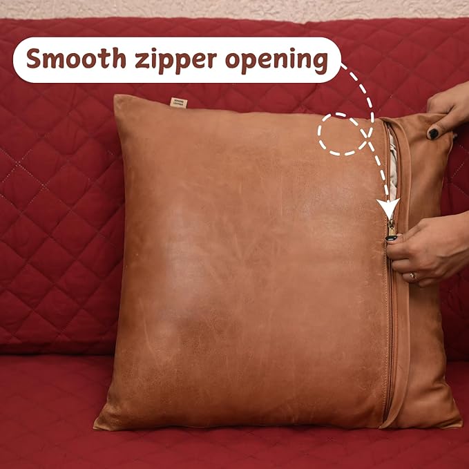 Lambskin Leather Pillow Cover - Sofa Cushion Case - Decorative Throw Covers for Living Room & Bedroom, 18x18 Inches - Antique Brown Plain Pack of 2