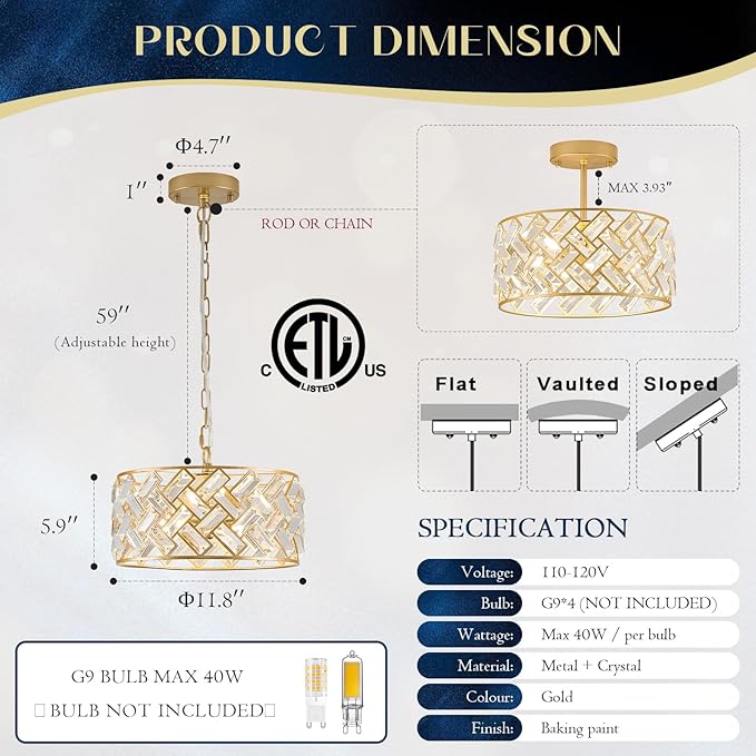 Gold Crystal Chandelier 4-Light, 12" Modern Drum Pendant Light, Small Semi Flush Mount Ceiling Light Fixture for Foyer, Entryway, Kitchen Island, Dining Room, Bedroom, Hallway