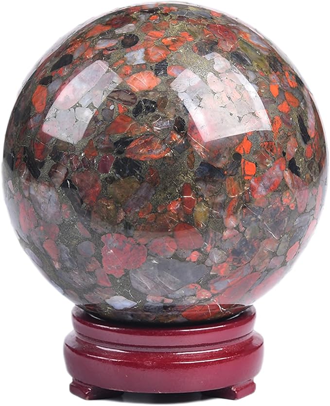 JIC Gem Large Brazilian Red Agate Crystal Sphere Gemstone Sphere Red Healing Crystal Ball with Display Stand Home Decor Meditation Grid Energy Balance (100-110mm)
