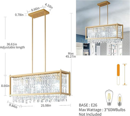 LMQNINE Modern Rectangle Chandelier for Dining Room, Gold Crystal Chandelier Linear Light Fixture, Farmhouse Chandeliers for Kitchen Island, Bar Table, L25.98'' x W9.84'' x H8.66''