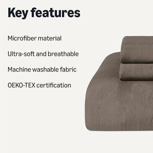 Amazon Basics Brushed Microfiber Comforter Set, Extra Soft with Natural Texture, 3-Piece, Queen/Full, Brown
